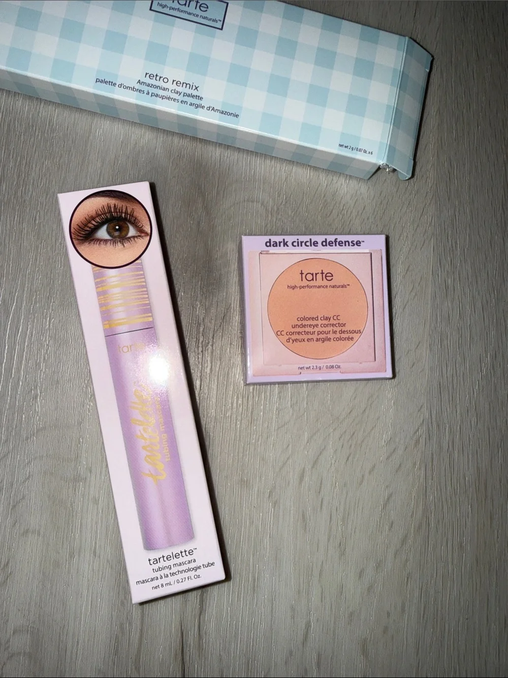 Tarte Eyeshadow Palette, CC Under Eye Corrector, Tubing mascara & makeup bag bun